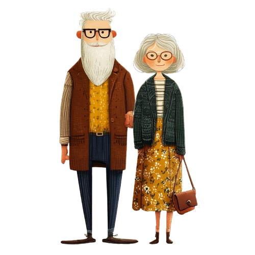Illustrated elderly couple holding hands
