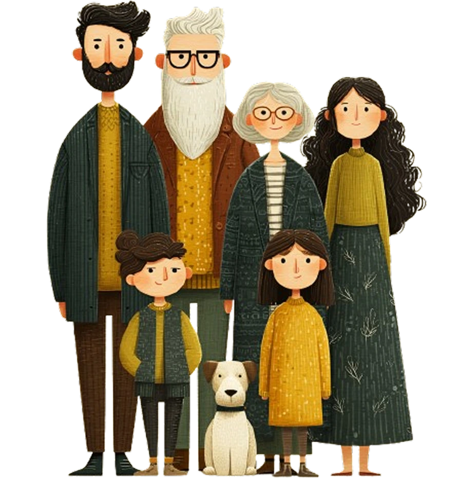 A multigenerational family illustration with grandparents, parents, children, and a dog